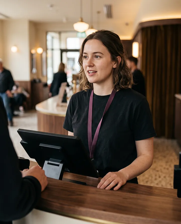 A box office cashier mid-conversation with a customer.