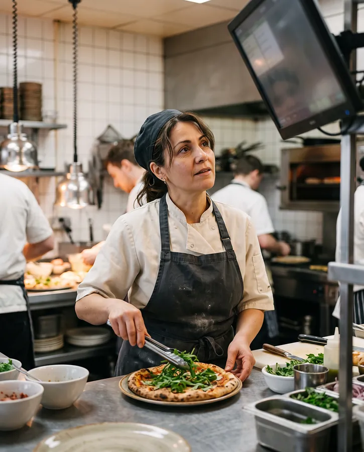 A cook at the kitchen pass looking up at the order screen while plating.