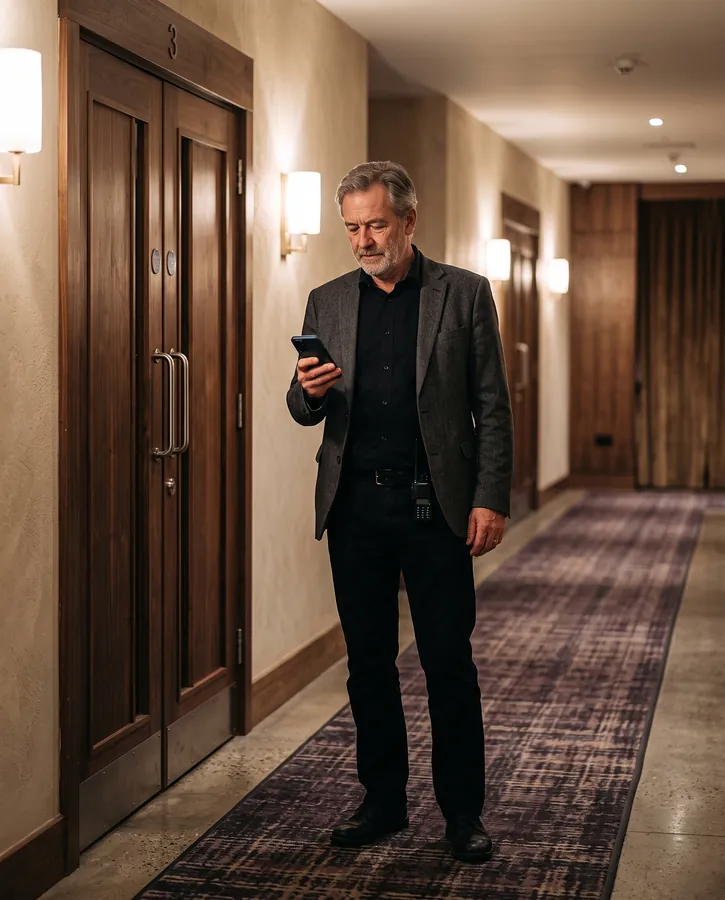 A duty manager in a cinema corridor reading his phone.