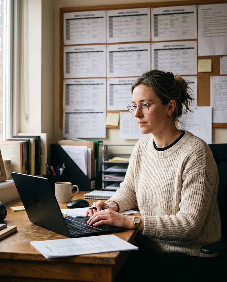 A programming planner at a desk with schedules pinned behind her.
