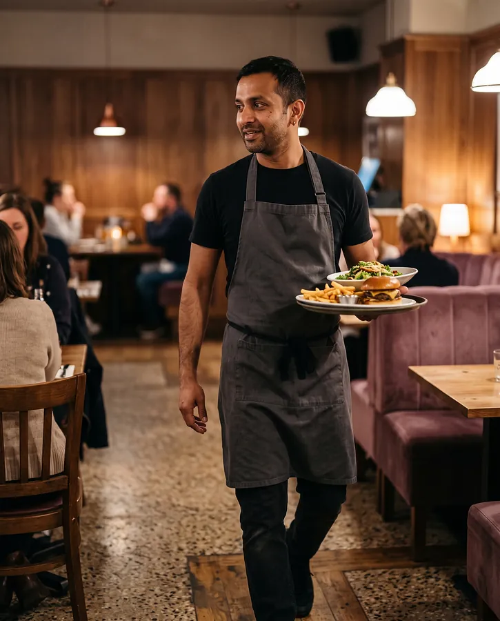 A restaurant server carrying two plates between tables.